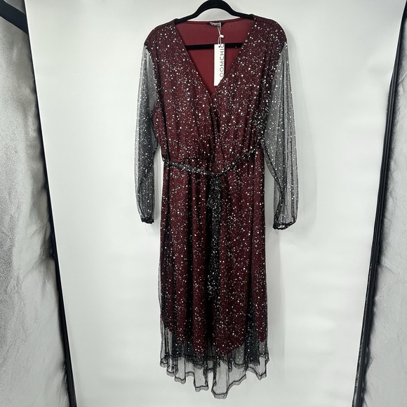 BloomChic Dresses & Skirts - NWT BloomChic 18/20 Burgundy Glitter Mesh Midi Dress Surplice Long Sleeve Belt